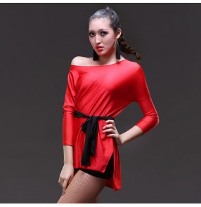 Women's girls ladies red black long sleeves loose bust sexy exercises professional latin dance dresses salsa cha cha dance dresses with sashes 