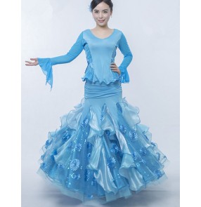 Women's girls ladies red blue fuchsia royal blue standard competition ballroom dance dress  tango dance waltz dance dress sets top and skirts