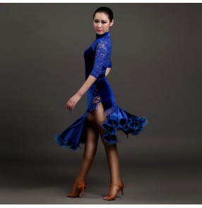 Women's girls ladies royal blue black red turtle neck long lace sleeves velvet professional competition latin dance dresses samba salsa cha cha jive rumba dance dresses