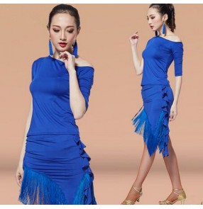 Women's girls ladies royal blue fringe salsa latin samba chacha rumba dance dresses sets tops and skirts