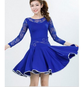 Women's girls ladies royal blue red black  lace sleeves long sleeves latin  dance dresses samba salsa cha cha rumba dance dresses 