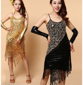 Women's girls ladies sequined pu leather fringe tassels latin dance dresses salsa samba cha cha rumba dance dresses with gloves and shorts 