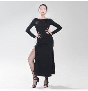 Women;s girls ladies sexy black long sleeves side split round neck latin dance dresses samba salsa cha cha jive rumba dance dresses