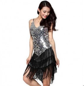 Women's girls ladies straps paillette sequined backless sexy fringe black  silver violet green red royal blue gold latin dresses salsa samba cha cha rumba dance dresses dancewear