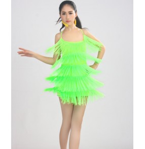 Women's girls ladies tassels fringes green black red straps latin dresses samba salsa chacha dance dresses