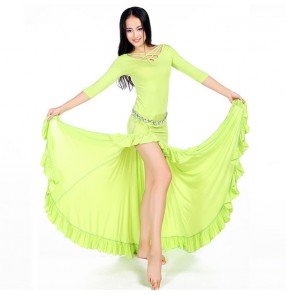 Women's girls ladies turquoise green black middle long sleeves model material front side split belly dance costumes dresses dancewear
