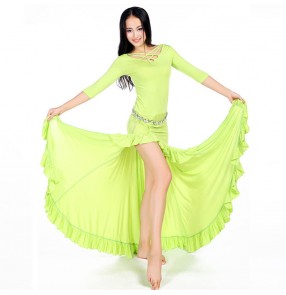 Women's girls ladies turquoise green black middle long sleeves model material front side split belly dance costumes dresses dancewear