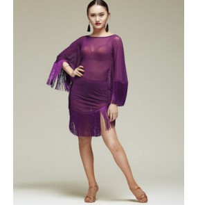 Women's girls ladies violet black red fuchsia color see through batwing loose sleeves fringe latin dresses samba chacha rumba dance dresses