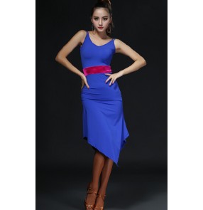 Women's girls lady fashionable sexy side split black red fuchsia royal blue strap backless tank latin dance dresses samba rumba chacha dresses