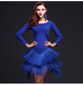 Women's girls lady's royal blue fuchsia  fringe long sleeves round neck latin dresses samba chacha salsa dance dresses