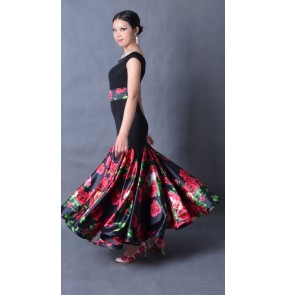 Women's girls lady satin black and red rose floral sleeveless o round neck long length competition ballroom dance dresses waltz tango flamenco dance dresses