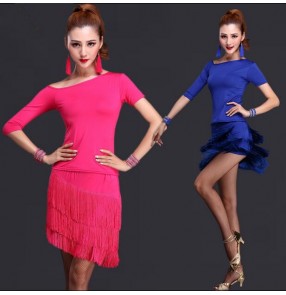 Women's girls lady tassel fuchsia royal blue latin dance dress set top and skirt 