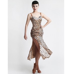 Women's girls leopard black velvet straps backless sexy professional velvet high quality side split competition latin dresses samba salsa dance dresses