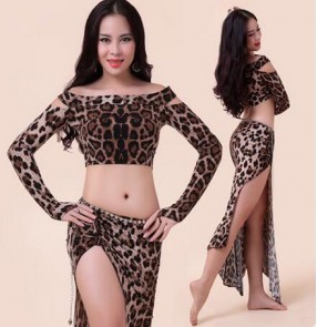 Women's girls leopard sexy fashionable belly dance costumes belly dance clothes dress set top and skirt not including diamond sashes