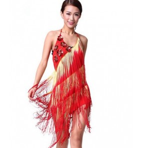 Women's girls long fringe red gold tassels straps backless latin samba salsa dresses 