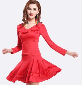 Women's girls long sleeves ruffles neck paillette latin dance dress sets top and skirts
