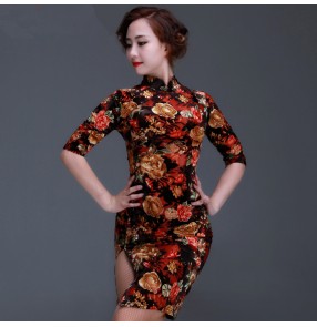 Women's girls luxury gold flower black sexy middle long sleeves velvet cheongsam latin dance dresses 