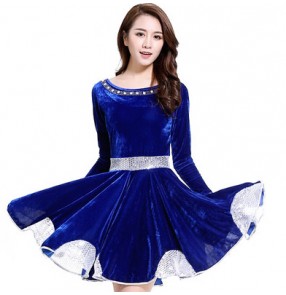 Women's girls paillette patchwork long sleeves latin dance dress