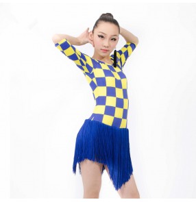 Women's girls patchwork plaid royal blue and green tassel short sleeves latin dance dress