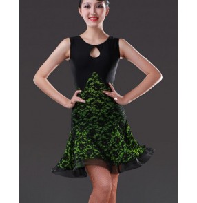 Women's girls professional competition black and green lace patchwork latin dance dress salsa samba dance dresses 