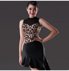 Women's girls professional competition leopard red black latin dance dresses sets top and skirts