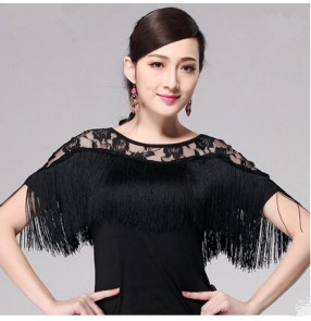 Women's girls red black lace tassels latin ballroom waltz tango dance  salsa dance top 