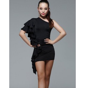 Women's girls red black leopard printed one shoulder latin dance dress samba salsa chacha dresses