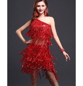 Women's girls red fuchsia  tassels fringe sequined paillette  one shoulder top and skirt latin dance dresses salsa samba rumba dance dress set 