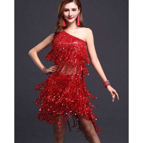 Women s girls red fuchsia tassels fringe sequined paillette one shoulder top and skirt latin dance dresses salsa samba rumba dance dress set