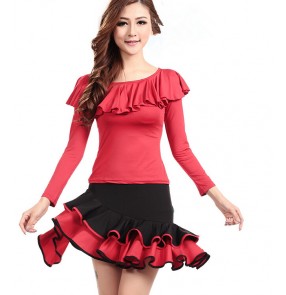 Women's girls  ruffles long sleeves latin salsa dance dresses sets top and skirts