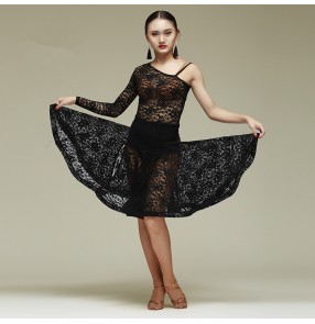 Women's girls sexy lace fashionable one shoulder long sleeves latin dance dress salsa dress