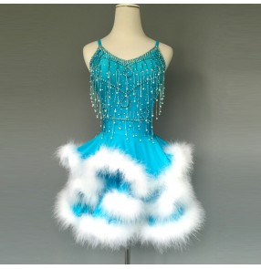 Women's girls turquoise feather rhinestone professional high quality custom size handmade competition latin dresses samba rumba chacha dresses