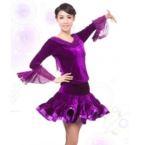 Women's girls v neck paillette velvet latin dance dress set top and skirt 