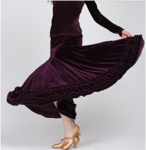 Women's girls velvet dark purple red black ruffles hem standard full skirted ballroom dance skirt tango waltz dance skirt