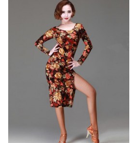 Women's girls  velvet material gold floral flower luxury amazing long sleeves round neck latin dance dresses samba salsa rumba dance dress