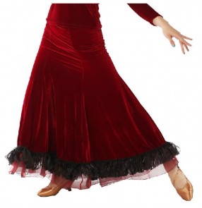 Women's girls velvet ruffles hem long latin dance skirt wine red