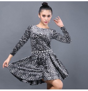 women's girls velvet sexy brown leopard  black leopard long sleeves latin dresses samba salsa dresses