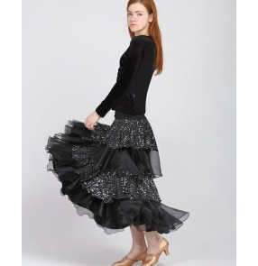 Women's girls  violet black red paillette ruffles layers long length competition ballroom dance skirt  tango waltz dance skirts only skirts