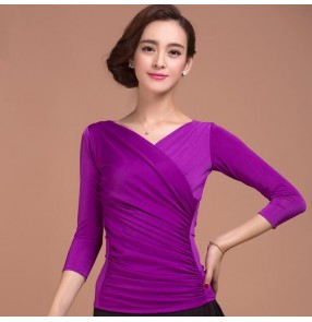 Women's girls violet v neck long sleeves latin ballroom dance top 