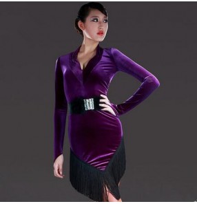Women's girls violet velvet long sleeves latin dance dress samba salsa chacha dance dress with diamond sashes