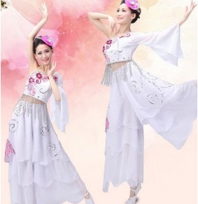 Women's girls white embroidery pattern one  shoulder sleeves Folk dance ancient traditional stage performance dance costumes dance wear for ladies