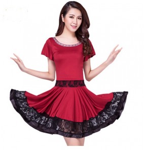Women's girls wine red and black lace patchwork o neck short sleeves latin dance dress