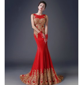 Women's gold embroidery rhinestone decoration long length mermaid red evening dress party wedding dress