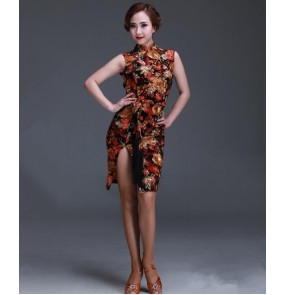 Women's gold flower cheongsam backless latin salsa dance dress 