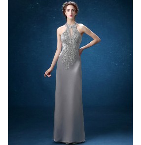 Women's gray silver beaded decoration halter evening dress wedding party dress