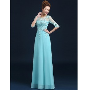 Women's half sleeves appliques lace and chiffon long evening dress wedding party dress turquoise