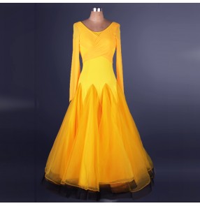 Women's high quality yellow professional competition long length ballroom dance dress long sleeves tango dance dress