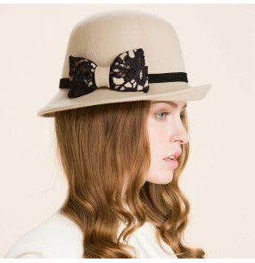 Women's khaki 100% wool handmade short brim socialite vintage fedoras wedding party hat 