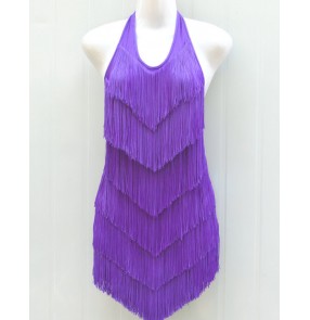 Women's kids children girls halter handmade violet orange fuchsia white custom size 6 layers tassels professional high quality latin dance dress