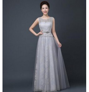 Women's lace and organza fabric patchwork silver long length A-ling double shoulder evening wedding party bridal dresses